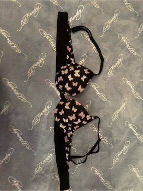 Victoria's Secret Black Bra with Pink and Cream Butterfly Print